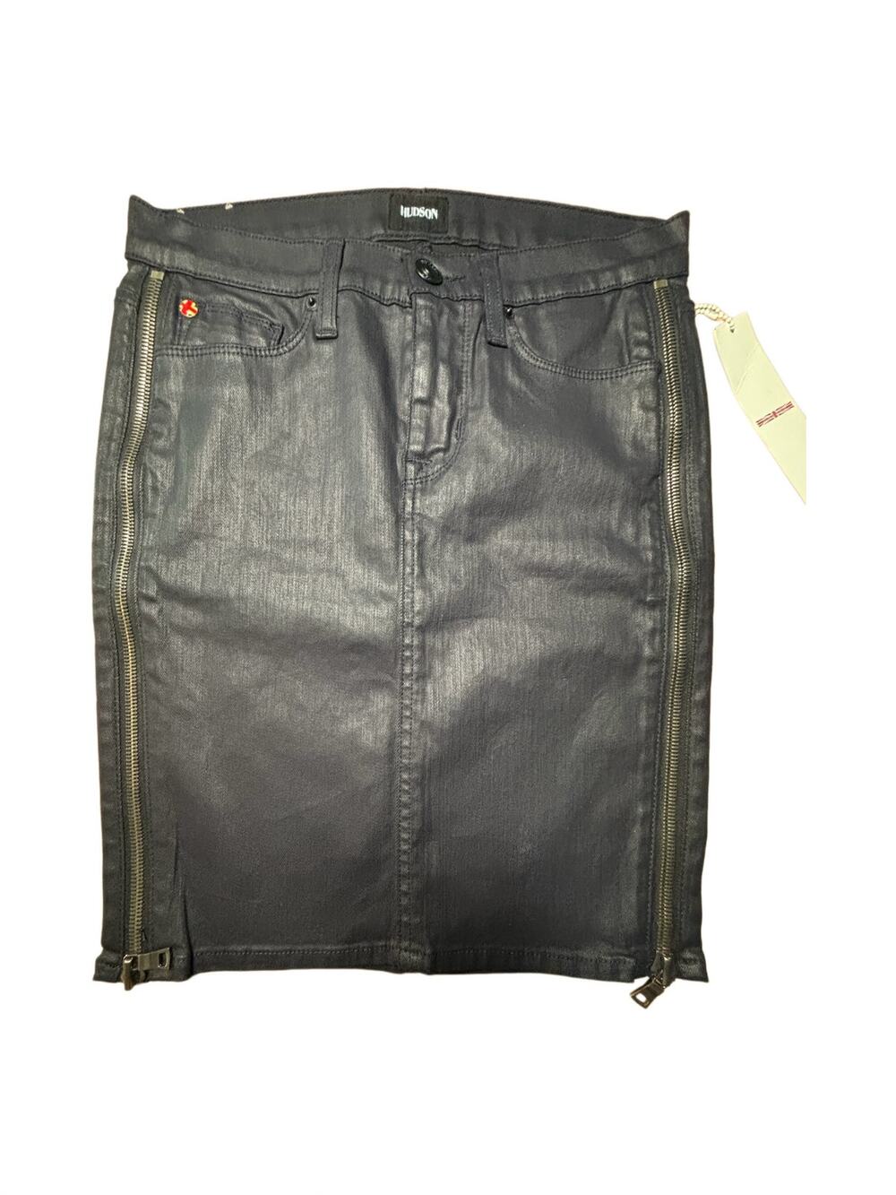 Hudson Coated Black Denim Pencil Skirt Zippered Sides Edgy Grunge Moto Size 25